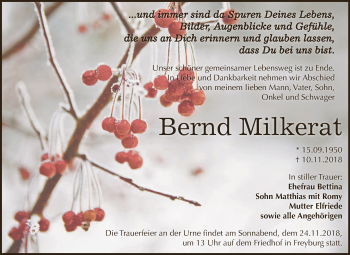 Traueranzeige von Bernd Milkerat von WVG - Wochenspiegel NMB / WSF / ZTZ