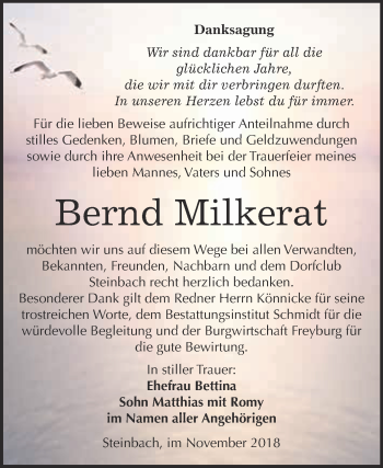 Traueranzeige von Bernd Milkerat von WVG - Wochenspiegel NMB / WSF / ZTZ