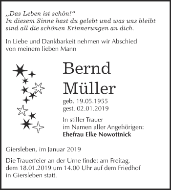 Traueranzeige von Bernd Müller von Super Sonntag Aschersleben