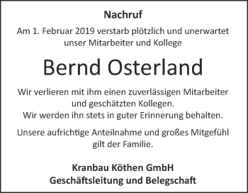 Traueranzeige von Bernd Osterland von Super Sonntag Dessau / Köthen