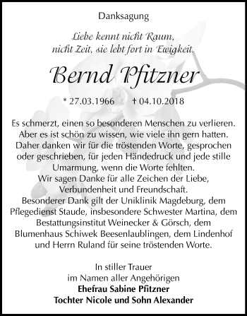 Traueranzeige von Bernd Pfitzner von Mitteldeutsche Zeitung Bernburg
