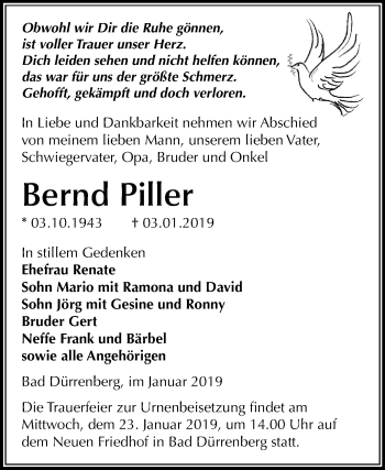 Traueranzeige von Bernd Piller von Mitteldeutsche Zeitung Merseburg/Querfurt