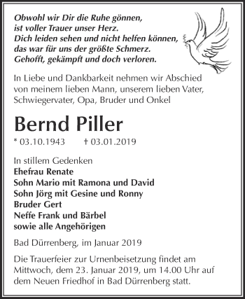 Traueranzeige von Bernd Piller von Super Sonntag Merseburg