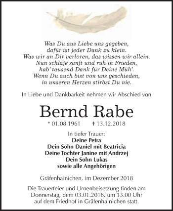 Traueranzeige von Bernd Rabe von WVG - Wochenspiegel Wittenberg