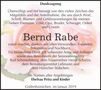 Traueranzeige von Bernd Rabe von WVG - Wochenspiegel Wittenberg