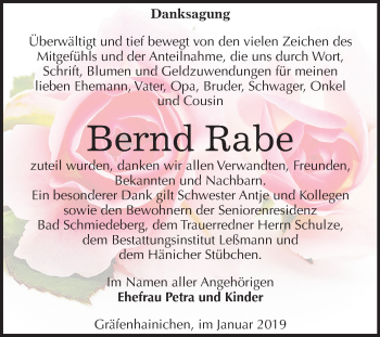 Traueranzeige von Bernd Rabe von Mitteldeutsche Zeitung Wittenberg