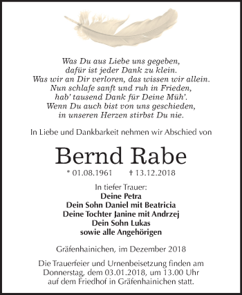 Traueranzeige von Bernd Rabe von Mitteldeutsche Zeitung Wittenberg