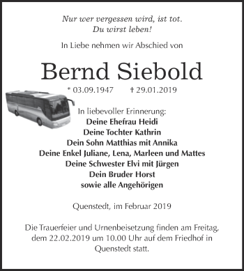 Traueranzeige von Bernd Siebold von Super Sonntag Aschersleben