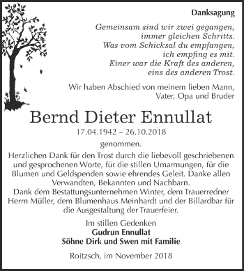 Traueranzeige von Bernd Dieter Ennullat von WVG - Wochenspiegel Bitterfeld
