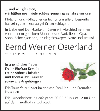 Traueranzeige von Bernd Werner Osterland von WVG - Wochenspiegel Dessau / Köthen