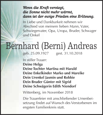 Traueranzeige von Bernhard Andreas von WVG - Wochenspiegel Wittenberg