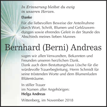 Traueranzeige von Bernhard Andreas von WVG - Wochenspiegel Wittenberg