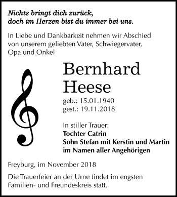Traueranzeige von Bernhard Heese von Mitteldeutsche Zeitung Naumburg/Nebra