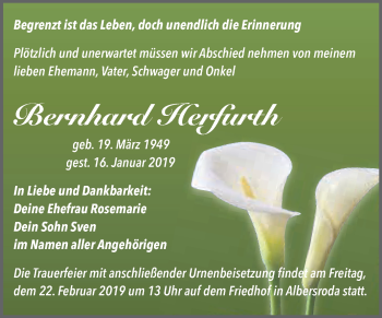 Traueranzeige von Bernhard Herfurth von WVG - Wochenspiegel Merseburg