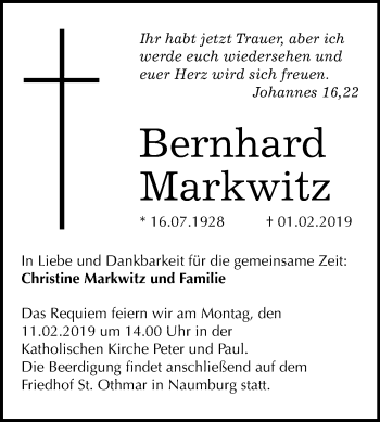 Traueranzeige von Bernhard Markwitz von Mitteldeutsche Zeitung