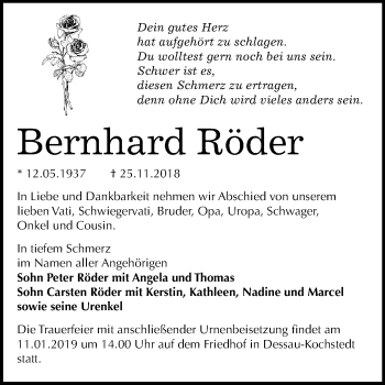 Traueranzeige von Bernhard Röder von Mitteldeutsche Zeitung Dessau-Roßlau