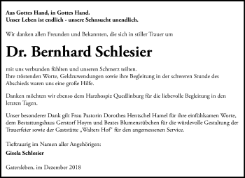 Traueranzeige von Bernhard Schlesier von Mitteldeutsche Zeitung Aschersleben