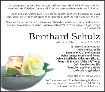 Traueranzeige von Bernhard Schulz von Mitteldeutsche Zeitung Köthen
