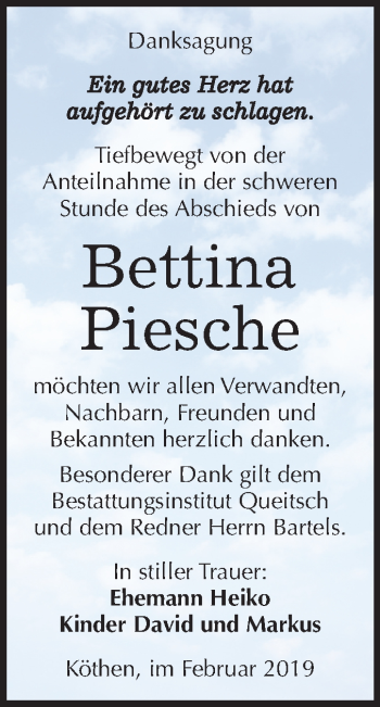 Traueranzeige von Bettina Piesche von Mitteldeutsche Zeitung Köthen
