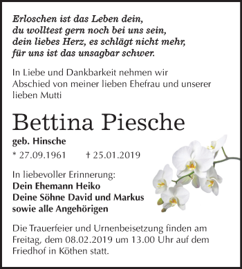 Traueranzeige von Bettina Piesche von Mitteldeutsche Zeitung Köthen