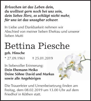 Traueranzeige von Bettina Piesche von WVG - Wochenspiegel Dessau / Köthen