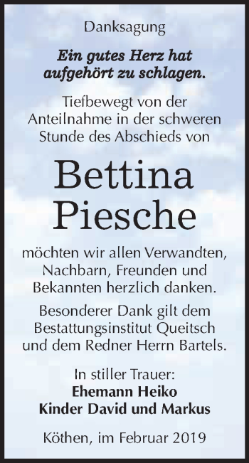 Traueranzeige von Bettina Piesche von WVG - Wochenspiegel Dessau / Köthen