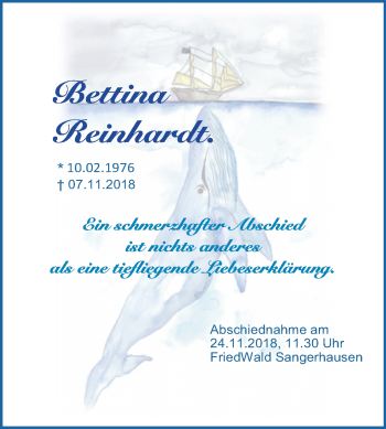 Traueranzeige von Bettina Reinhardt von Mitteldeutsche Zeitung Sangerhausen