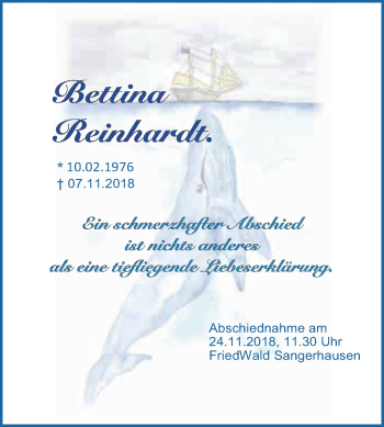 Traueranzeige von Bettina Reinhardt von Super Sonntag SGH Mansf. Land