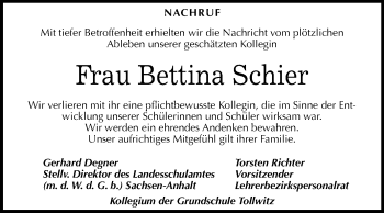 Traueranzeige von Bettina Schier von Mitteldeutsche Zeitung Merseburg/Querfurt