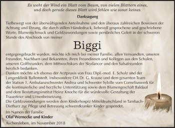 Traueranzeige von Biggi  von Mitteldeutsche Zeitung Aschersleben