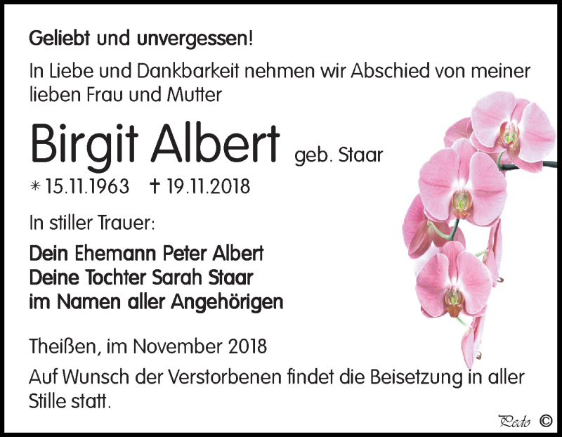  Traueranzeige für Birgit Albert vom 24.11.2018 aus Mitteldeutsche Zeitung Zeitz
