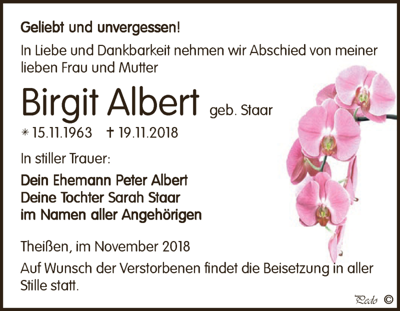 Traueranzeige für Birgit Albert vom 24.11.2018 aus Super Sonntag Zeitz