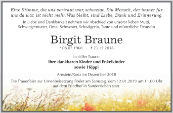 Traueranzeige von Birgit Braune von Super Sonntag SGH Mansf. Land