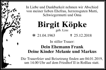 Traueranzeige von Birgit Köpke von Mitteldeutsche Zeitung Dessau-Roßlau