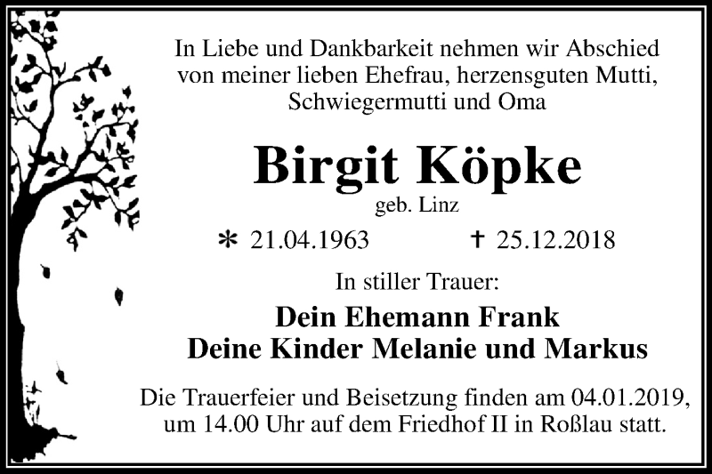  Traueranzeige für Birgit Köpke vom 29.12.2018 aus Mitteldeutsche Zeitung Dessau-Roßlau