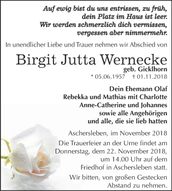 Traueranzeige von Birgit Jutta Wernecke von Super Sonntag Aschersleben