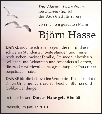 Traueranzeige von Björn Hasse von Mitteldeutsche Zeitung Sangerhausen