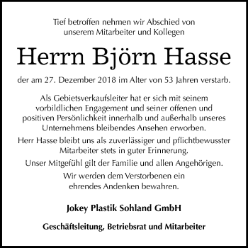 Traueranzeige von Björn Hasse von Mitteldeutsche Zeitung Sangerhausen