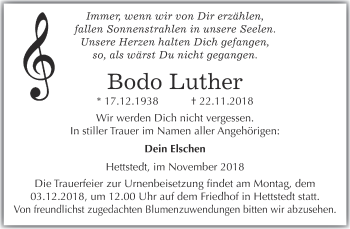 Traueranzeige von Bodo Luther von Wochenspiegel Mansfelder Land