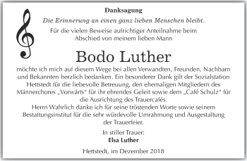 Traueranzeige von Bodo Luther von Super Sonntag SGH Mansf. Land