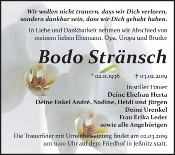 Traueranzeige von Bodo Stränsch von Mitteldeutsche Zeitung Bitterfeld