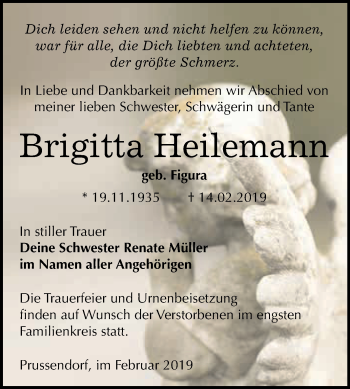 Traueranzeige von Brigitta Heilemann von WVG - Wochenspiegel Bitterfeld