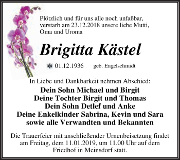 Traueranzeige von Brigitta Kästel von WVG - Wochenspiegel Dessau / Köthen