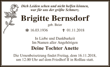 Traueranzeige von Brigitte Bernsdorf von WVG - Wochenspiegel Dessau / Köthen