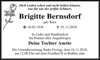 Traueranzeige von Brigitte Bernsdorf von Mitteldeutsche Zeitung Dessau-Roßlau