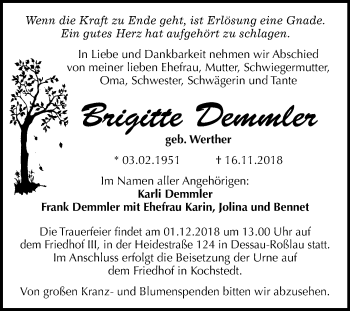 Traueranzeige von Brigitte Demmler von Mitteldeutsche Zeitung Dessau-Roßlau