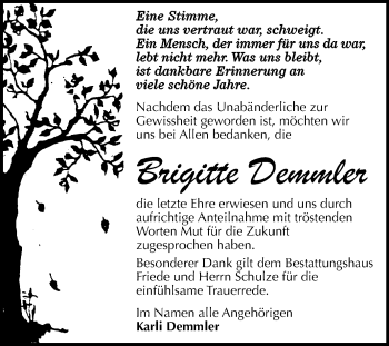 Traueranzeige von Brigitte Demmler von WVG - Wochenspiegel Dessau / Köthen