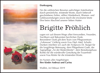 Traueranzeige von Brigitte Fröhlich von WVG - Wochenspiegel Dessau / Köthen