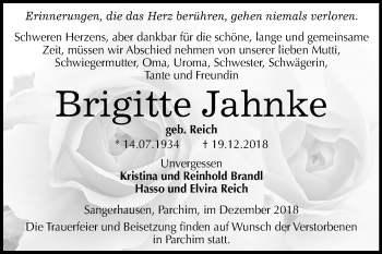Traueranzeige von Brigitte Jahnke von Mitteldeutsche Zeitung Sangerhausen