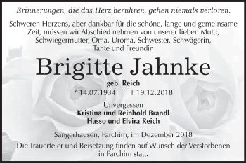 Traueranzeige von Brigitte Jahnke von Super Sonntag SGH Mansf. Land